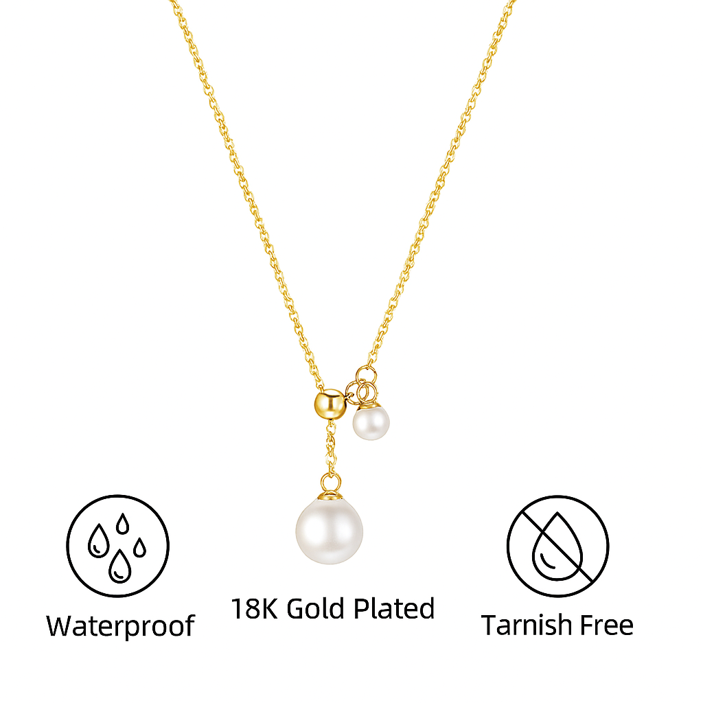 Gold Pearl Drop Necklace for Women – 18K Gold Plated Y-Shaped Dainty Necklace with Double Simulated Pearls, Elegant Waterproof Jewelry, Minimalist Gift for Her
