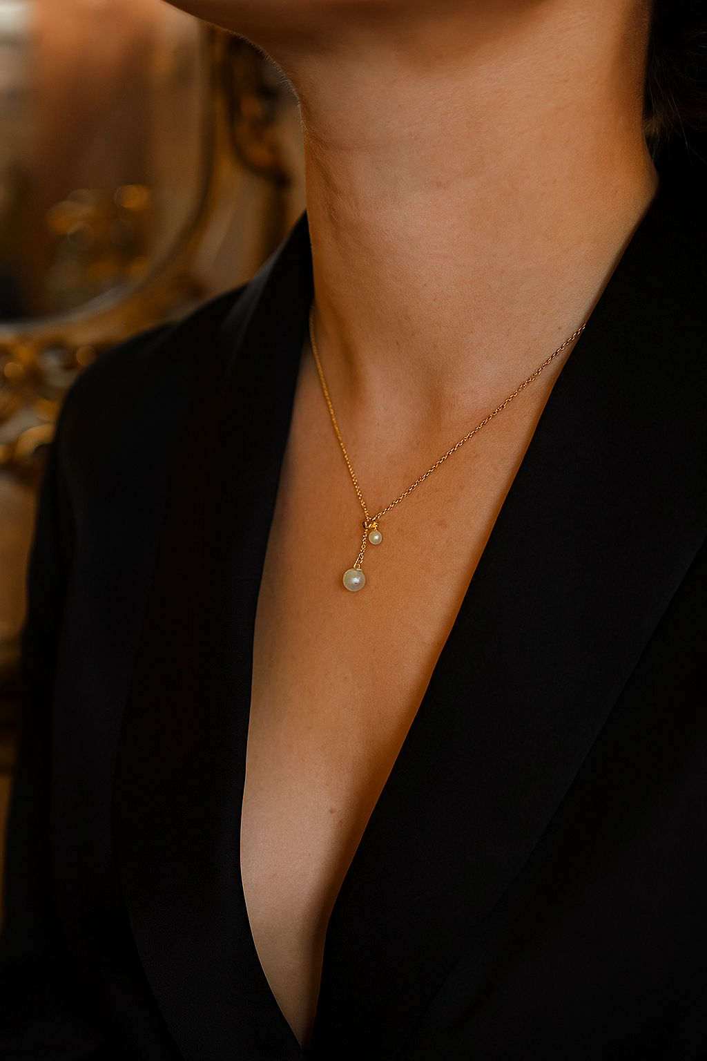 Gold Pearl Drop Necklace for Women – 18K Gold Plated Y-Shaped Dainty Necklace with Double Simulated Pearls, Elegant Waterproof Jewelry, Minimalist Gift for Her
