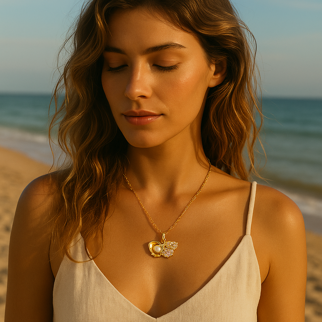 Ora & Eve Seashell Pearl Necklace for Women – 18K Gold Plated Pendant with Cubic Zirconia Accents – Waterproof, Tarnish-Free Beach-Inspired Jewelry Gift