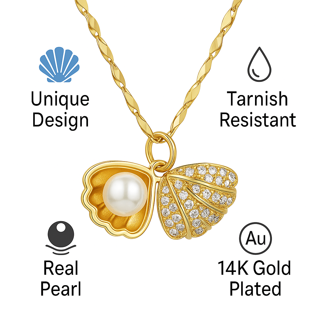 Ora & Eve Seashell Pearl Necklace for Women – 18K Gold Plated Pendant with Cubic Zirconia Accents – Waterproof, Tarnish-Free Beach-Inspired Jewelry Gift