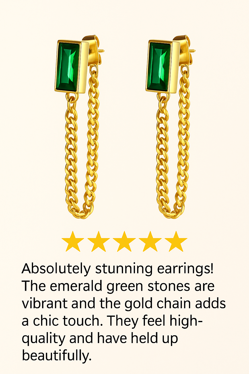 Drop Chain Earrings for Women – 18K Gold Plated with Emerald Green Baguette Crystal Studs – Waterproof, Hypoallergenic Statement Jewelry Gift