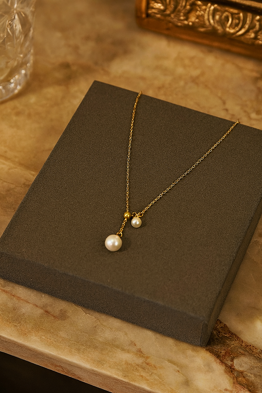 Gold Pearl Drop Necklace for Women – 18K Gold Plated Y-Shaped Dainty Necklace with Double Simulated Pearls, Elegant Waterproof Jewelry, Minimalist Gift for Her