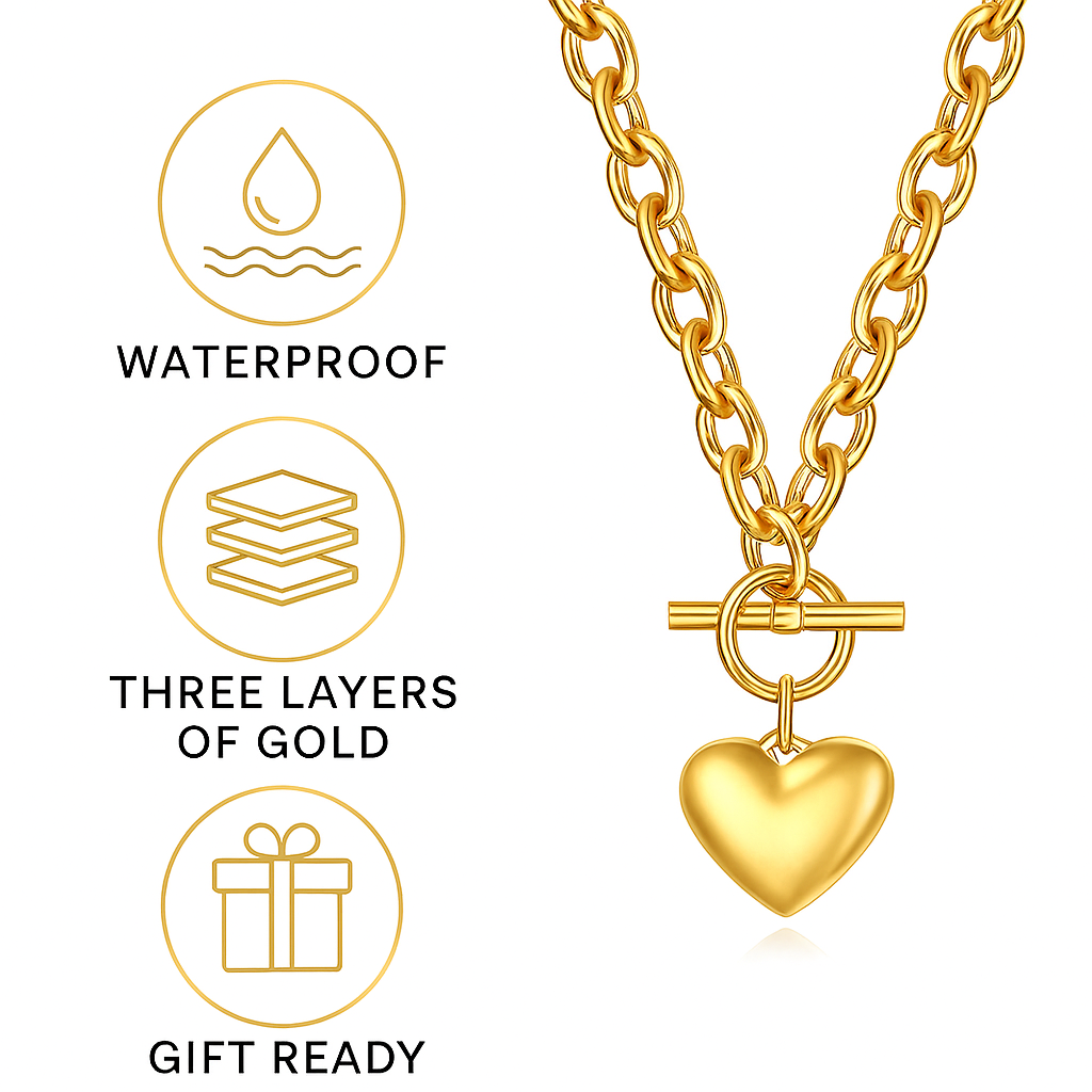 Chunky Gold Heart Pendant Necklace for Women – 18K Gold Plated Toggle Chain Statement Necklace, Bold Waterproof Jewelry, Tarnish-Resistant Gift for Her