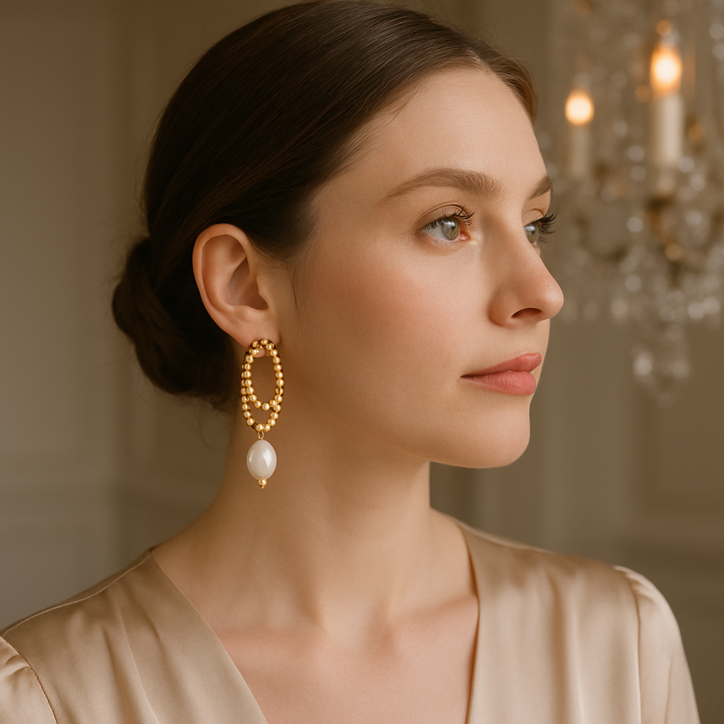 Gold Beaded Pearl Drop Earrings for Women – 18K Gold Plated Double Hoop Dangle Earrings with Simulated Pearls, Elegant Lightweight Statement Jewelry, Waterproof Gift for Her