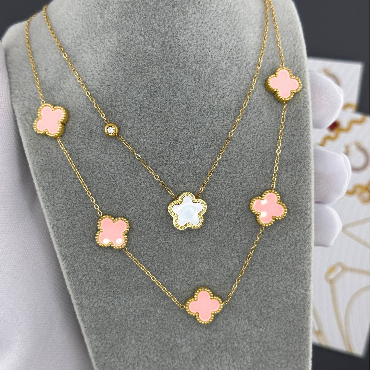 Elegant 18K Gold plated Necklace featuring stainless steel, natural stones, and sparkling cubic zirconia inserts.