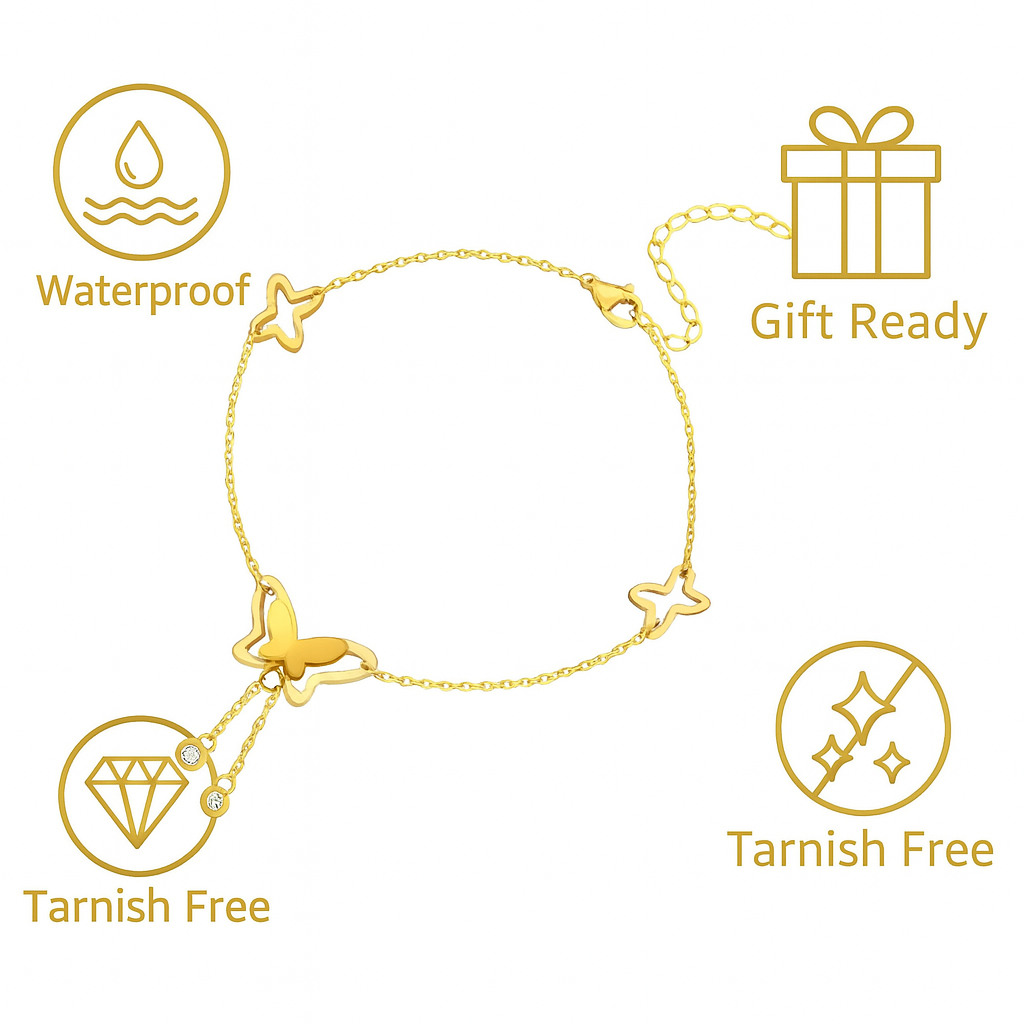Gold Butterfly Anklet for Women – 18K Gold Plated Dainty Ankle Bracelet with Charms and Crystals, Adjustable Waterproof Chain Jewelry, Cute Summer Accessory Gift for Her
