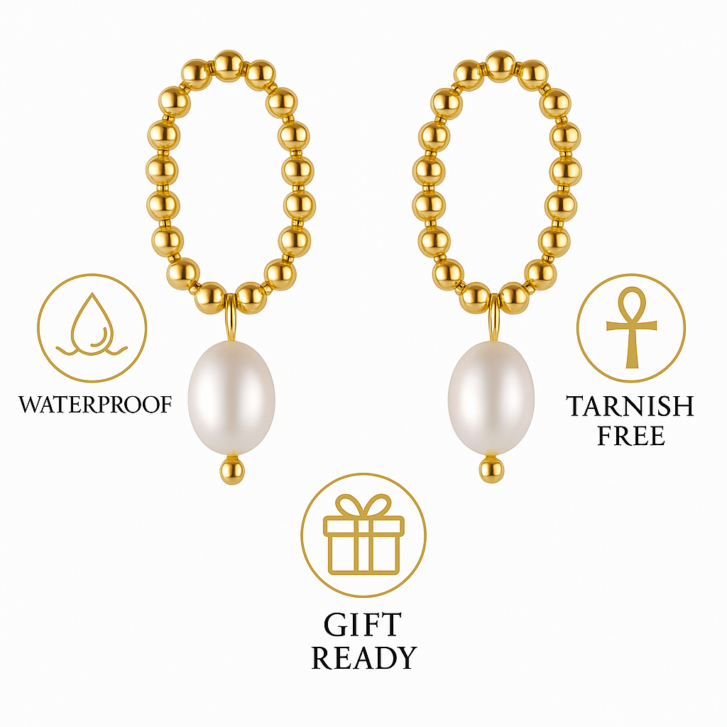 Gold Beaded Pearl Drop Earrings for Women – 18K Gold Plated Double Hoop Dangle Earrings with Simulated Pearls, Elegant Lightweight Statement Jewelry, Waterproof Gift for Her