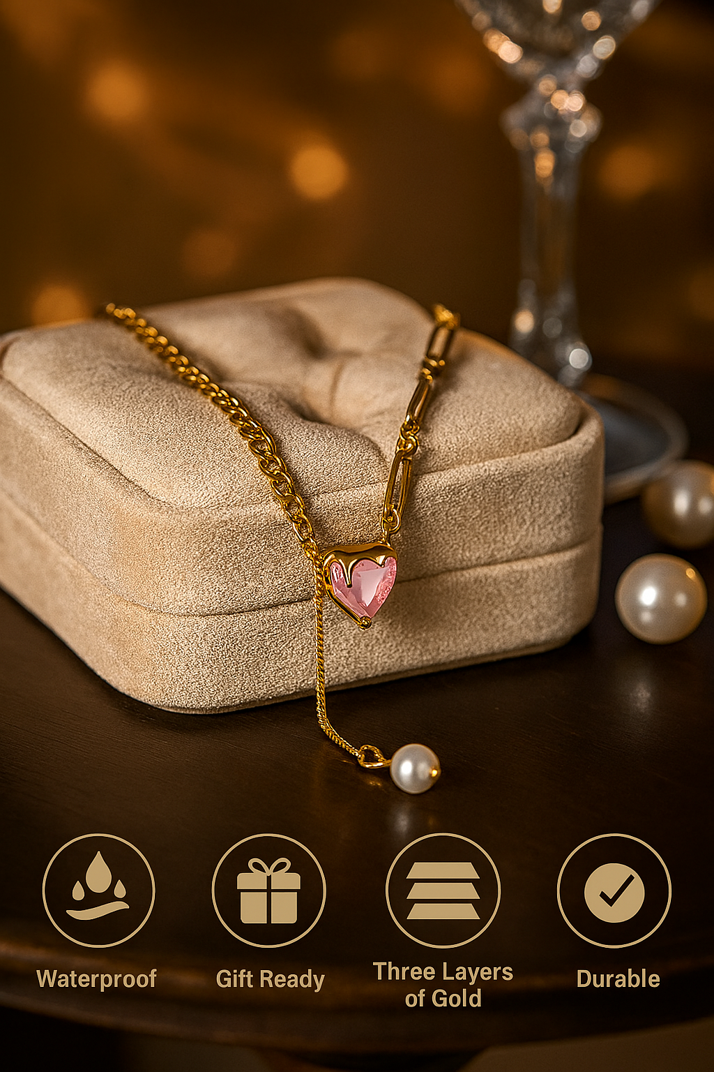 Pink Heart Pendant Necklace – 18K Gold Plated Chain with Pearl Drop, Waterproof Dainty Necklace for Women, Romantic Y Necklace Jewelry Gift