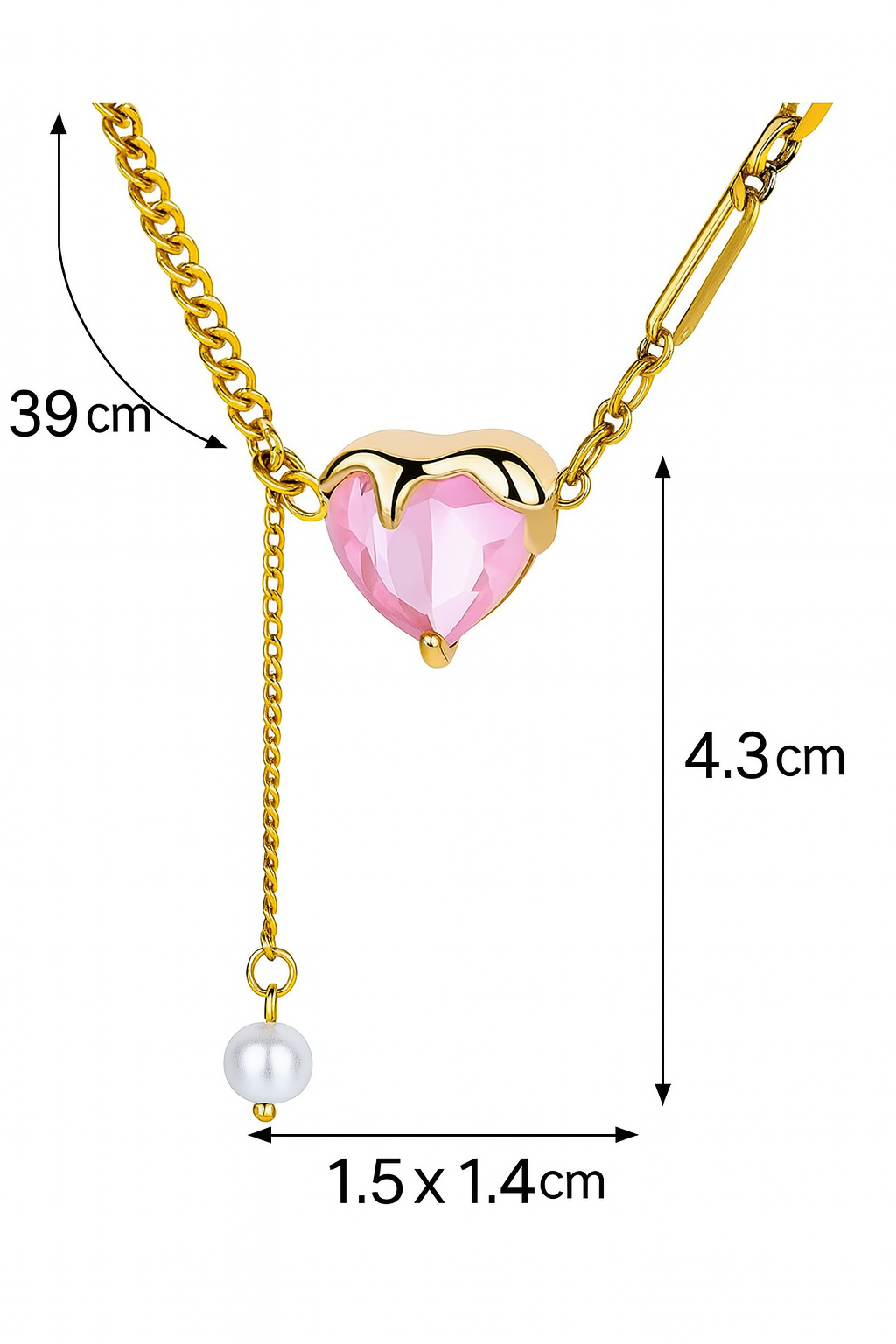 Pink Heart Pendant Necklace – 18K Gold Plated Chain with Pearl Drop, Waterproof Dainty Necklace for Women, Romantic Y Necklace Jewelry Gift
