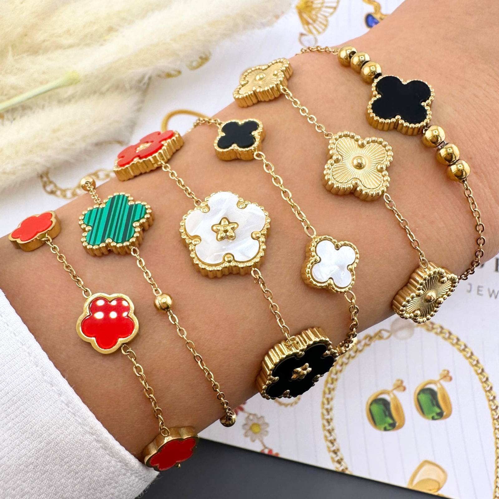 Colorful 18K Gold plated Bracelet featuring floral designs, hypoallergenic materials, and waterproof durability.