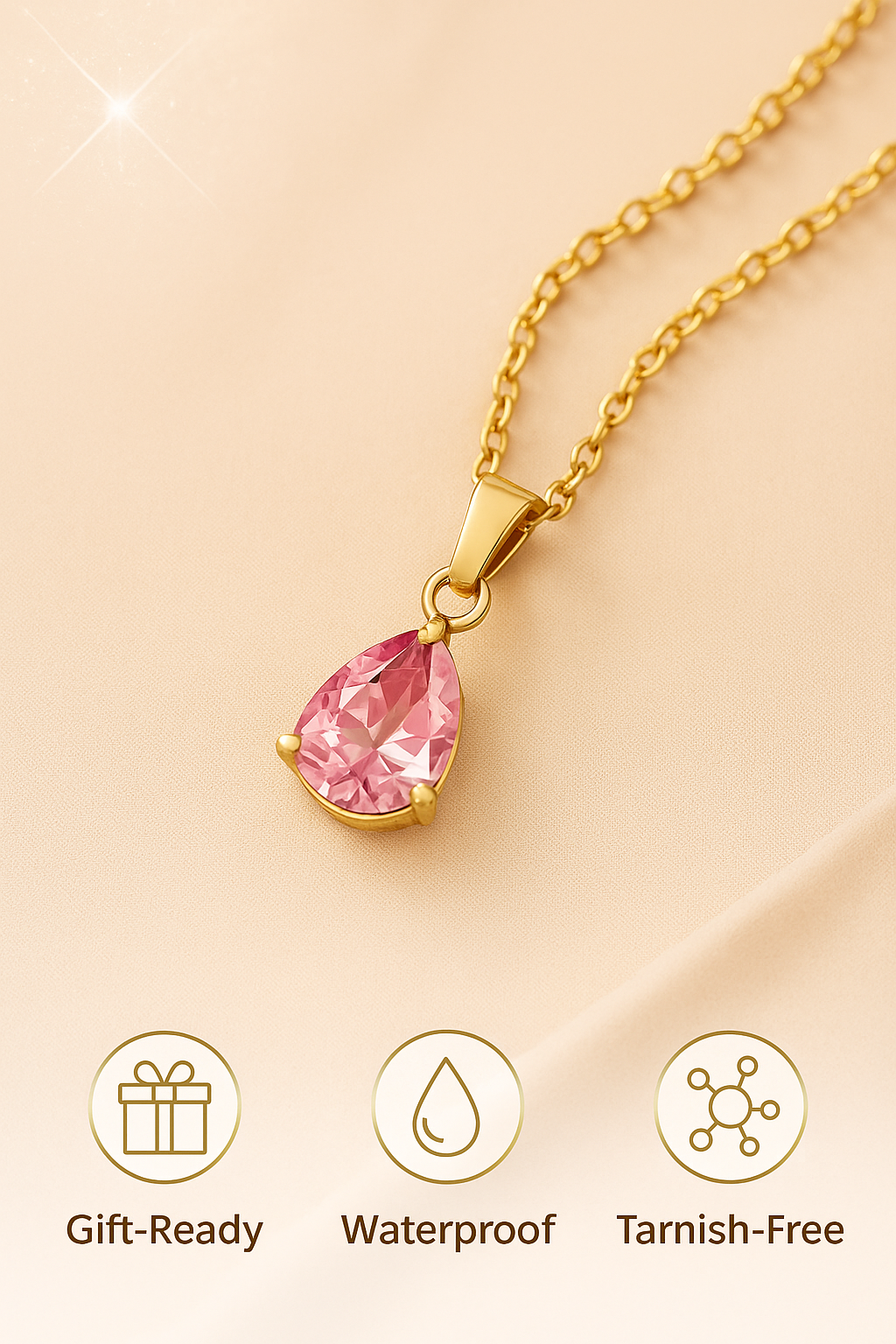 18K Gold Plated Pink Teardrop Pendant Necklace – Dainty Crystal Waterdrop Chain, Elegant Minimalist Jewelry for Women, Hypoallergenic & Tarnish-Free