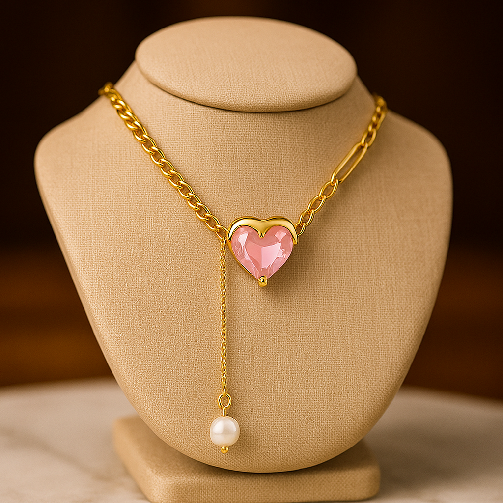 Pink Heart Pendant Necklace – 18K Gold Plated Chain with Pearl Drop, Waterproof Dainty Necklace for Women, Romantic Y Necklace Jewelry Gift