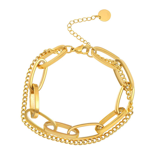 Chunky Gold Link Chain Bracelet for Women – 18K Gold Plated Waterproof Statement Bracelet with Layered Chains, Adjustable Fashion Jewelry Gift