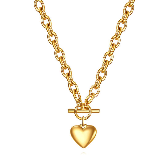 Chunky Gold Heart Pendant Necklace for Women – 18K Gold Plated Toggle Chain Statement Necklace, Bold Waterproof Jewelry, Tarnish-Resistant Gift for Her