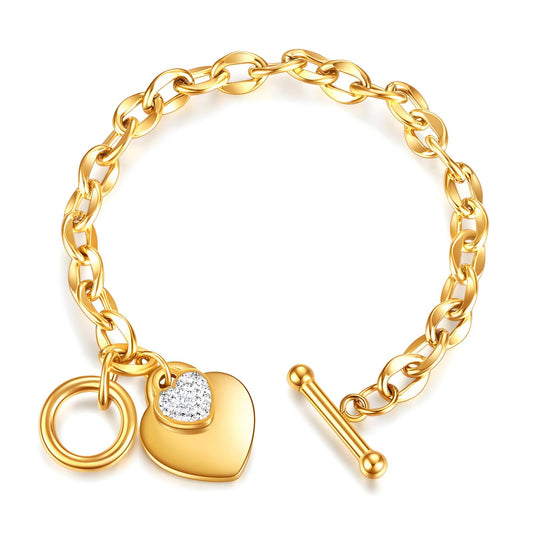 Gold Heart Charm Bracelet for Women – 18K Gold Plated Toggle Chain with Crystal Heart Pendant, Waterproof Dainty Jewelry Gift for Her