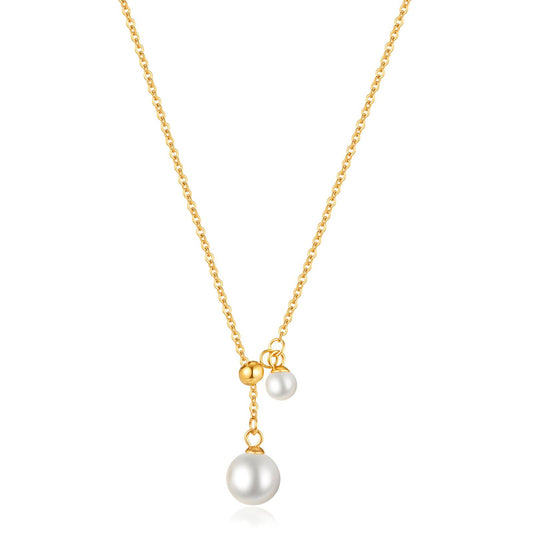 Gold Pearl Drop Necklace for Women – 18K Gold Plated Y-Shaped Dainty Necklace with Double Simulated Pearls, Elegant Waterproof Jewelry, Minimalist Gift for Her