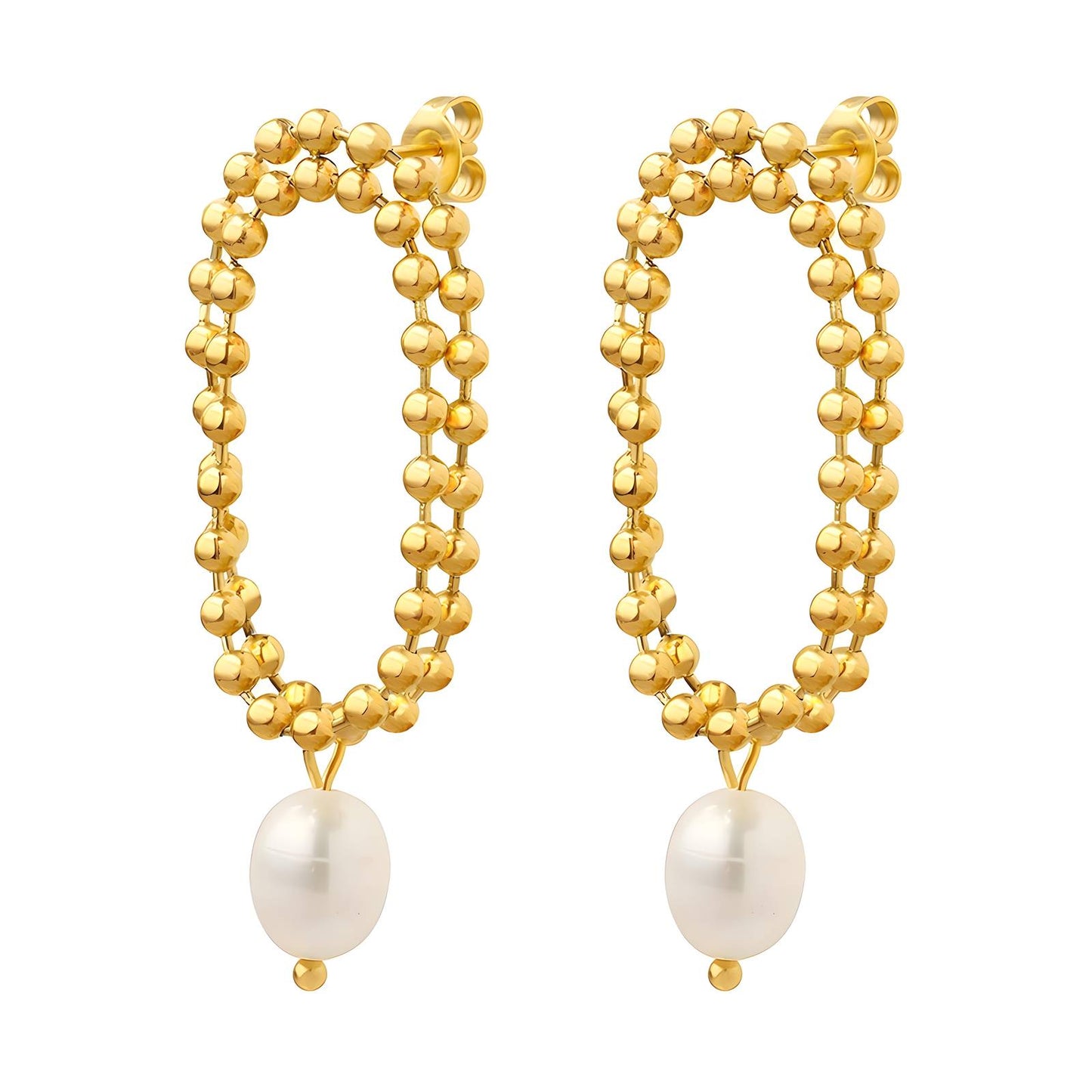 Gold Beaded Pearl Drop Earrings for Women – 18K Gold Plated Double Hoop Dangle Earrings with Simulated Pearls, Elegant Lightweight Statement Jewelry, Waterproof Gift for Her