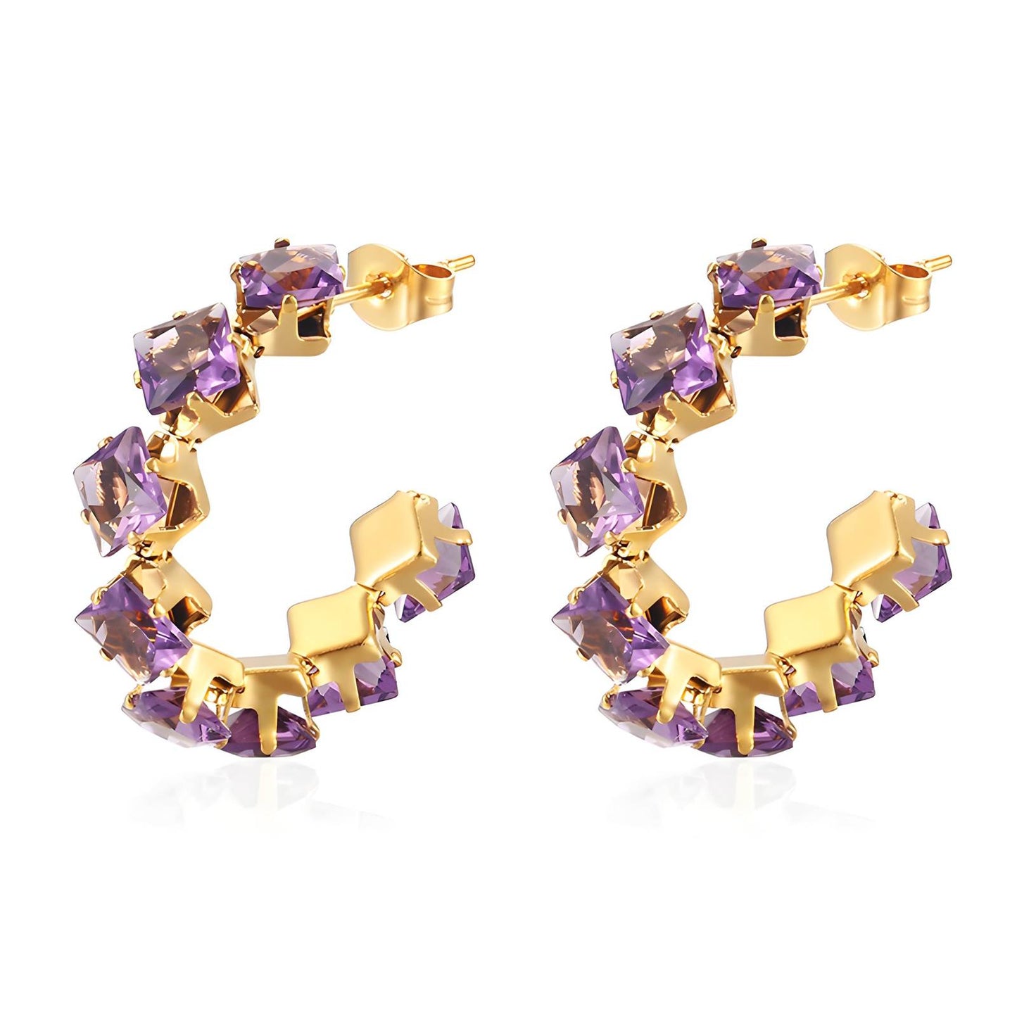 Gold Hoop Earrings with Purple Gemstones – 18K Gold Plated Statement Huggie Hoops for Women, Hypoallergenic Fashion Jewelry Gift