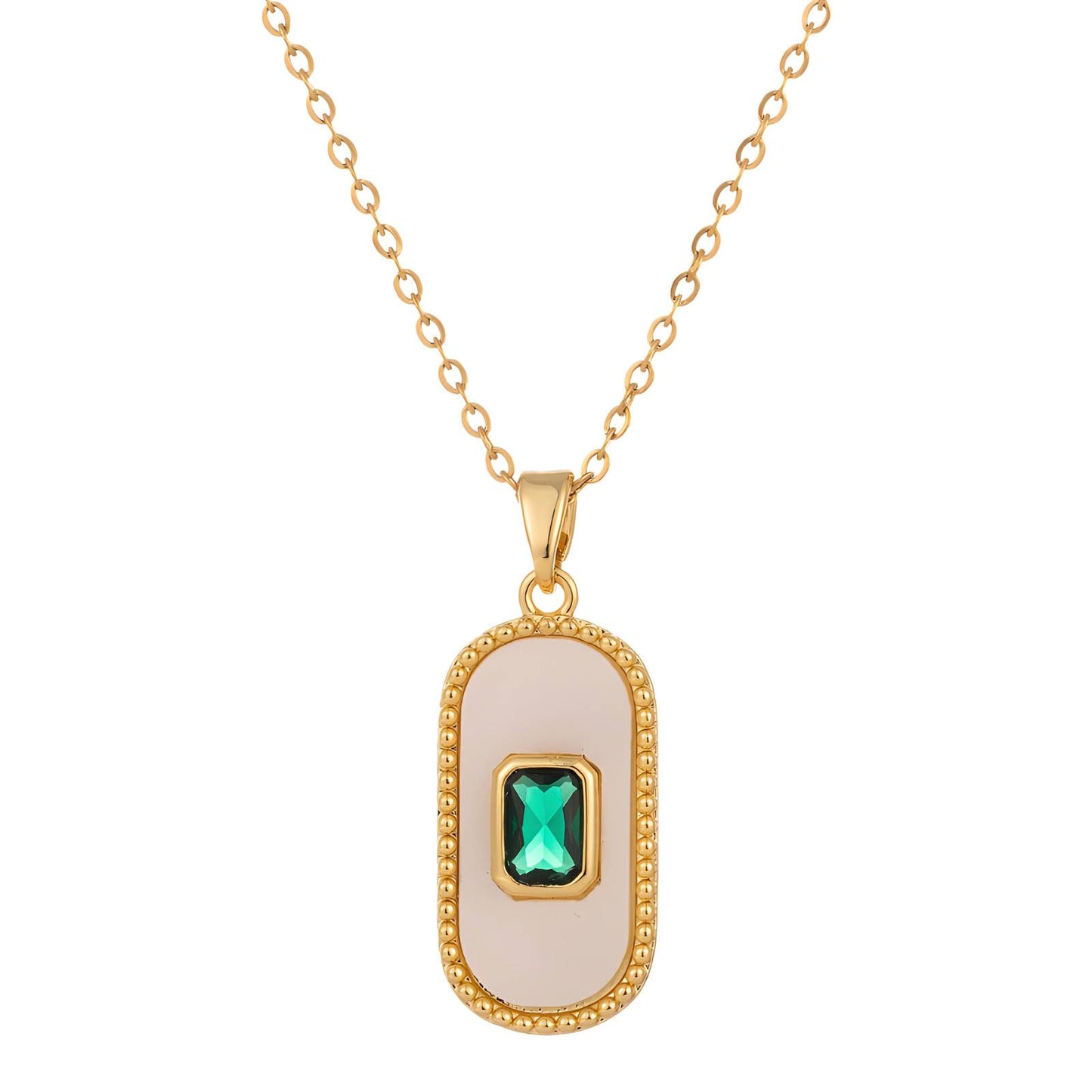 Emerald Pendant Necklace for Women – 18K Gold Plated Oval Charm with White Enamel – Waterproof & Tarnish-Resistant Dainty Jewelry Gift