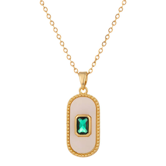 Emerald Pendant Necklace for Women – 18K Gold Plated Oval Charm with White Enamel – Waterproof & Tarnish-Resistant Dainty Jewelry Gift