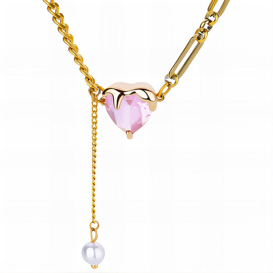 Pink Heart Pendant Necklace – 18K Gold Plated Chain with Pearl Drop, Waterproof Dainty Necklace for Women, Romantic Y Necklace Jewelry Gift