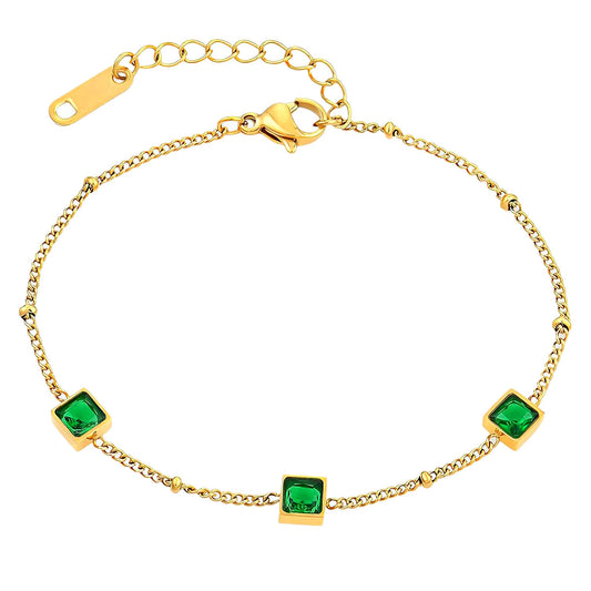 Gold Dainty Bracelet for Women – 18K Gold Plated Chain with Green Gemstones, Adjustable Waterproof Minimalist Jewelry, Elegant Gift for Her