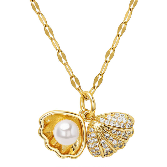 Ora & Eve Seashell Pearl Necklace for Women – 18K Gold Plated Pendant with Cubic Zirconia Accents – Waterproof, Tarnish-Free Beach-Inspired Jewelry Gift
