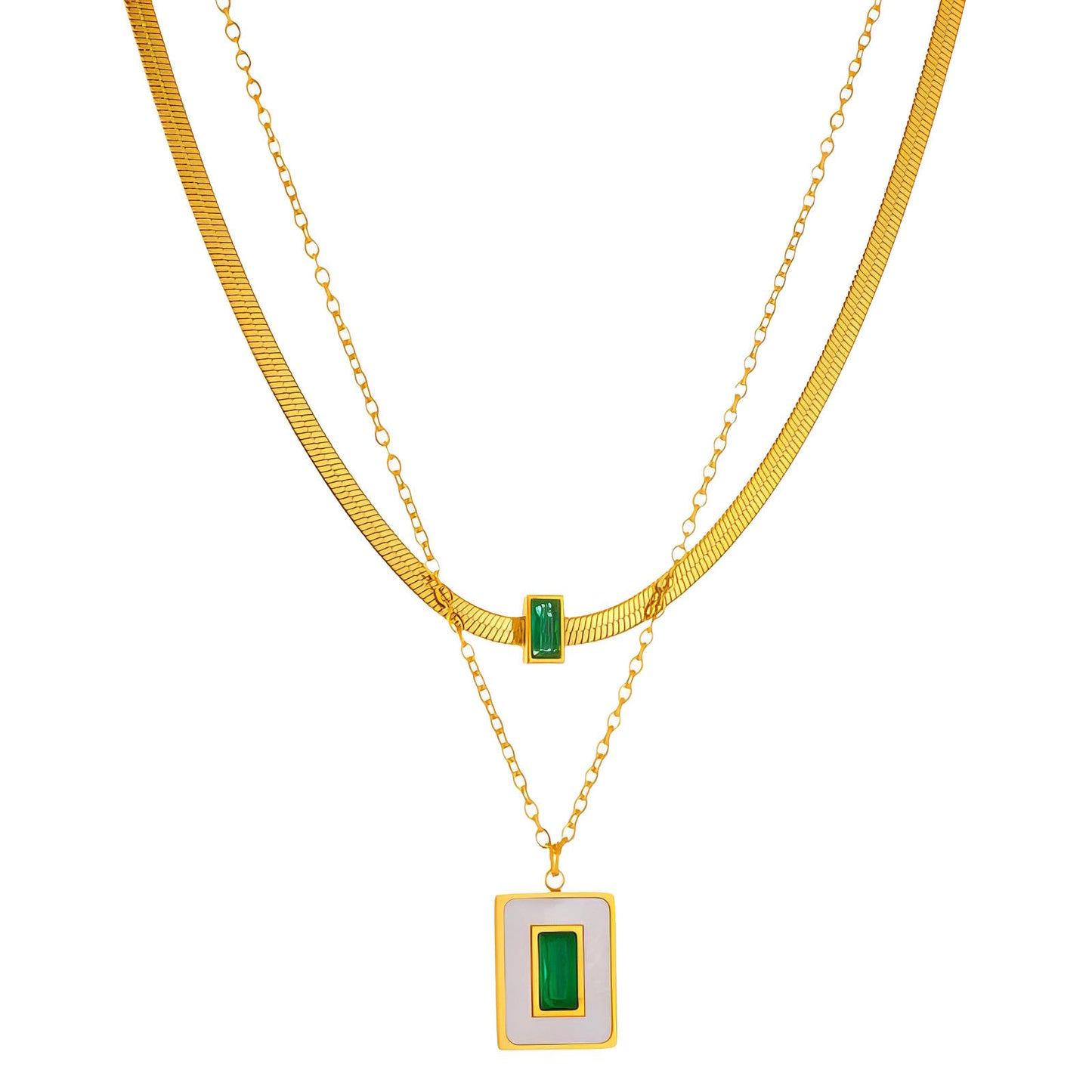 Green Enamel Layered Pendant Necklace – 18K Gold Plated Dual Chain Necklace for Women, Waterproof Statement Jewelry, Trendy Minimalist Necklace Gift