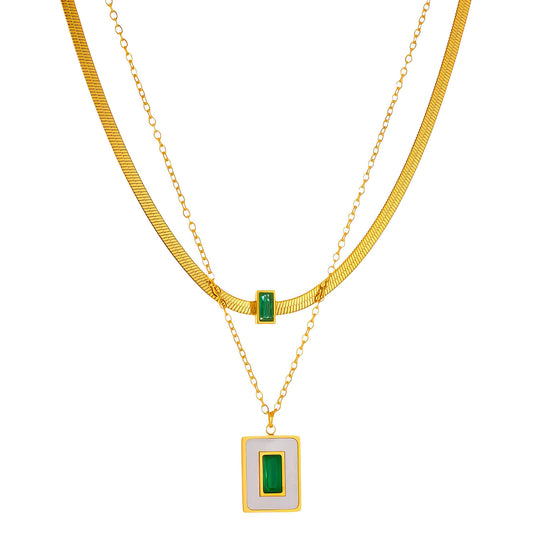 Green Enamel Layered Pendant Necklace – 18K Gold Plated Dual Chain Necklace for Women, Waterproof Statement Jewelry, Trendy Minimalist Necklace Gift