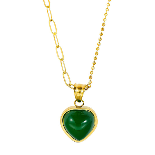 18K Gold Plated Green Heart Pendant Necklace – Unique Dual Chain Design, Bold Vintage-Inspired Statement Jewelry for Women, Waterproof & Hypoallergenic