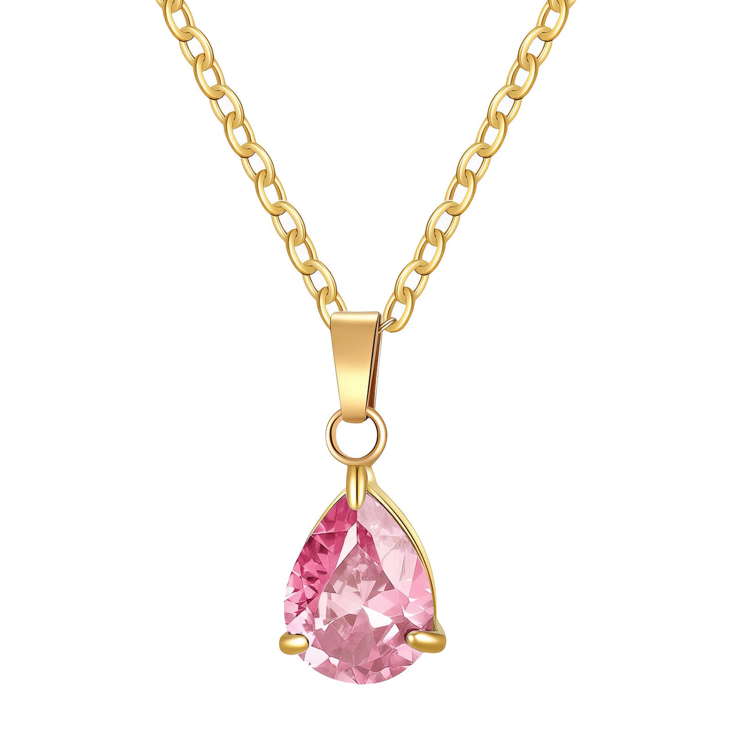 18K Gold Plated Pink Teardrop Pendant Necklace – Dainty Crystal Waterdrop Chain, Elegant Minimalist Jewelry for Women, Hypoallergenic & Tarnish-Free