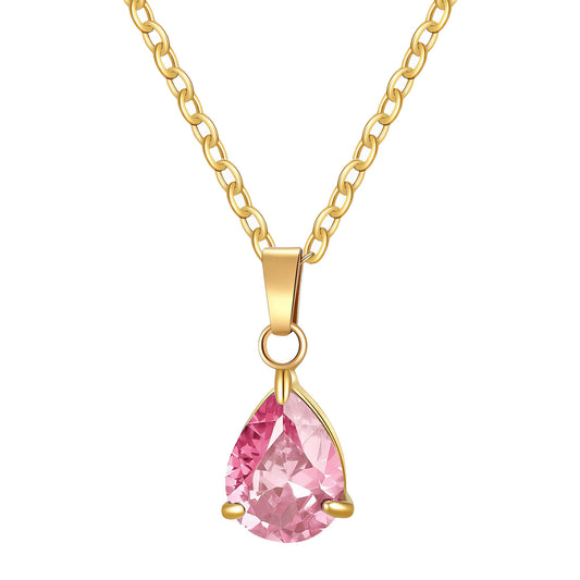 18K Gold Plated Pink Teardrop Pendant Necklace – Dainty Crystal Waterdrop Chain, Elegant Minimalist Jewelry for Women, Hypoallergenic & Tarnish-Free