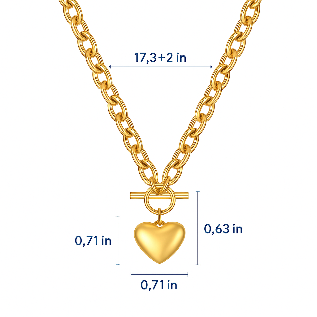 Chunky Gold Heart Pendant Necklace for Women – 18K Gold Plated Toggle Chain Statement Necklace, Bold Waterproof Jewelry, Tarnish-Resistant Gift for Her
