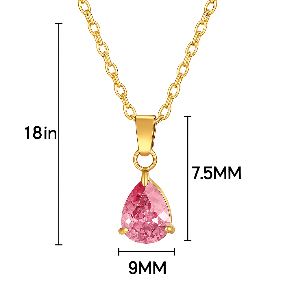 18K Gold Plated Pink Teardrop Pendant Necklace – Dainty Crystal Waterdrop Chain, Elegant Minimalist Jewelry for Women, Hypoallergenic & Tarnish-Free