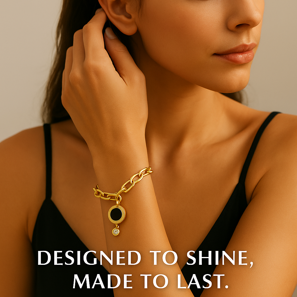 Ora & Eve Gold Chain Bracelet for Women – 18K Gold Plated Stainless Steel with Black Roman Dial Charm & CZ Drop – Waterproof, Adjustable Luxury Jewelry Gift