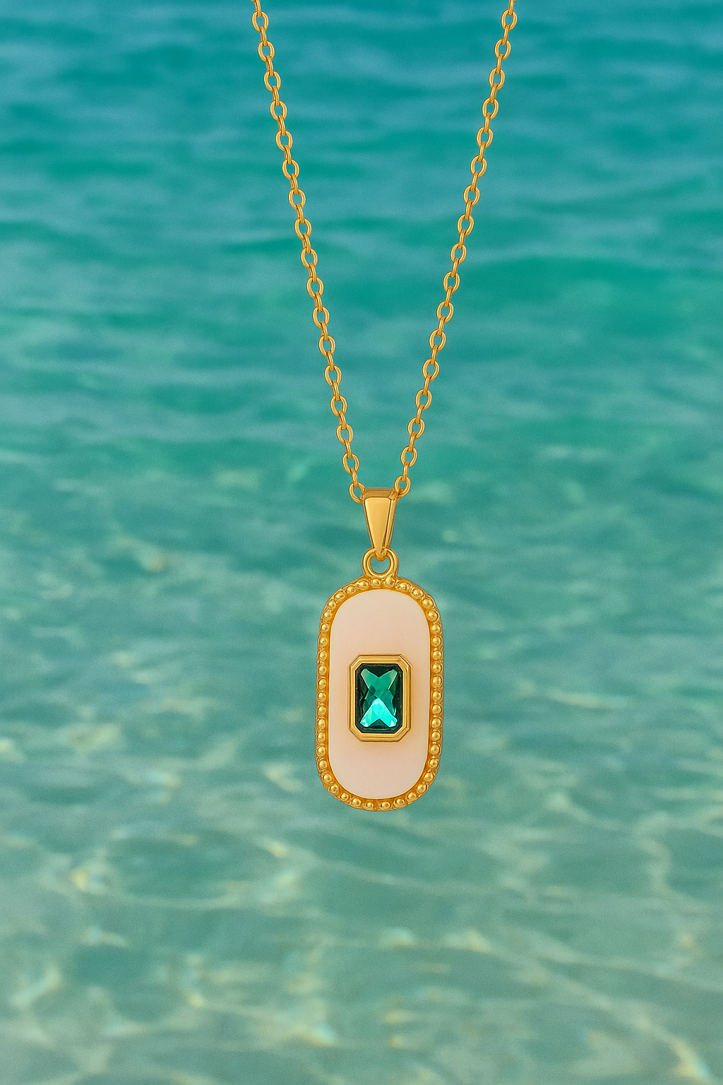 Emerald Pendant Necklace for Women – 18K Gold Plated Oval Charm with White Enamel – Waterproof & Tarnish-Resistant Dainty Jewelry Gift