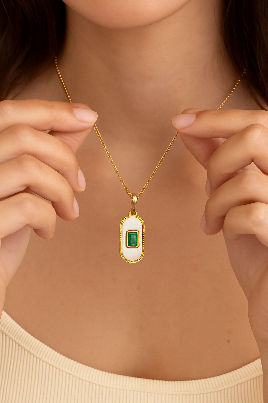 Emerald Pendant Necklace for Women – 18K Gold Plated Oval Charm with White Enamel – Waterproof & Tarnish-Resistant Dainty Jewelry Gift