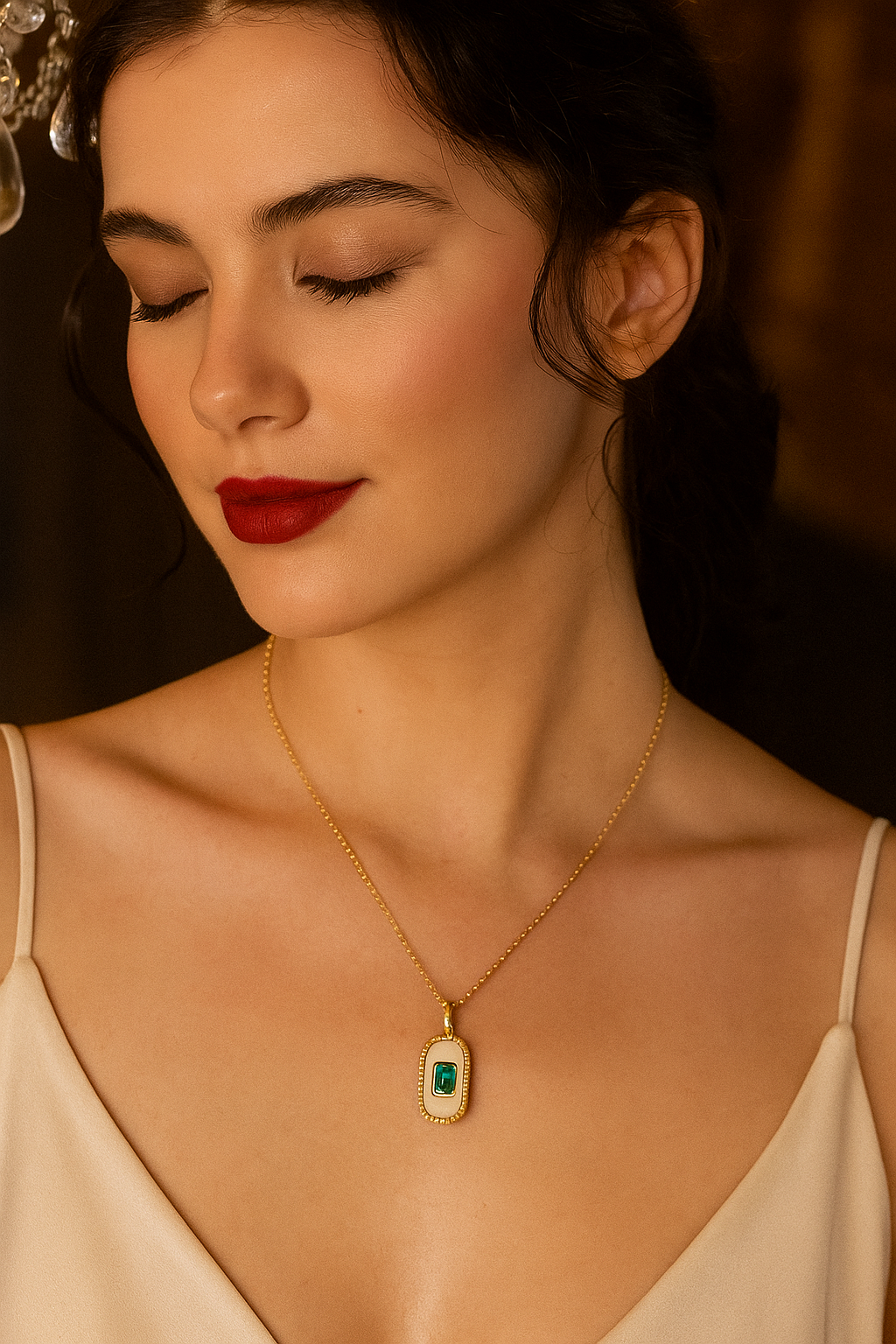 Emerald Pendant Necklace for Women – 18K Gold Plated Oval Charm with White Enamel – Waterproof & Tarnish-Resistant Dainty Jewelry Gift