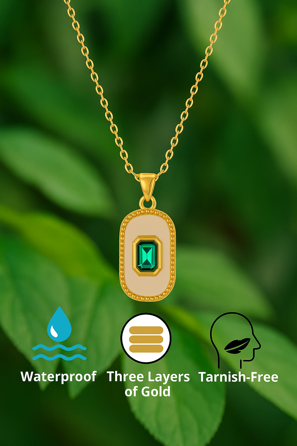 Emerald Pendant Necklace for Women – 18K Gold Plated Oval Charm with White Enamel – Waterproof & Tarnish-Resistant Dainty Jewelry Gift