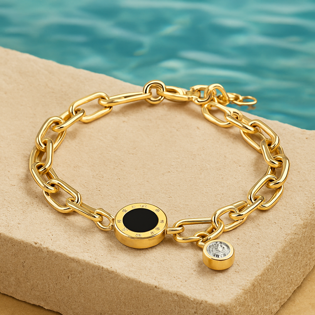 Ora & Eve Gold Chain Bracelet for Women – 18K Gold Plated Stainless Steel with Black Roman Dial Charm & CZ Drop – Waterproof, Adjustable Luxury Jewelry Gift