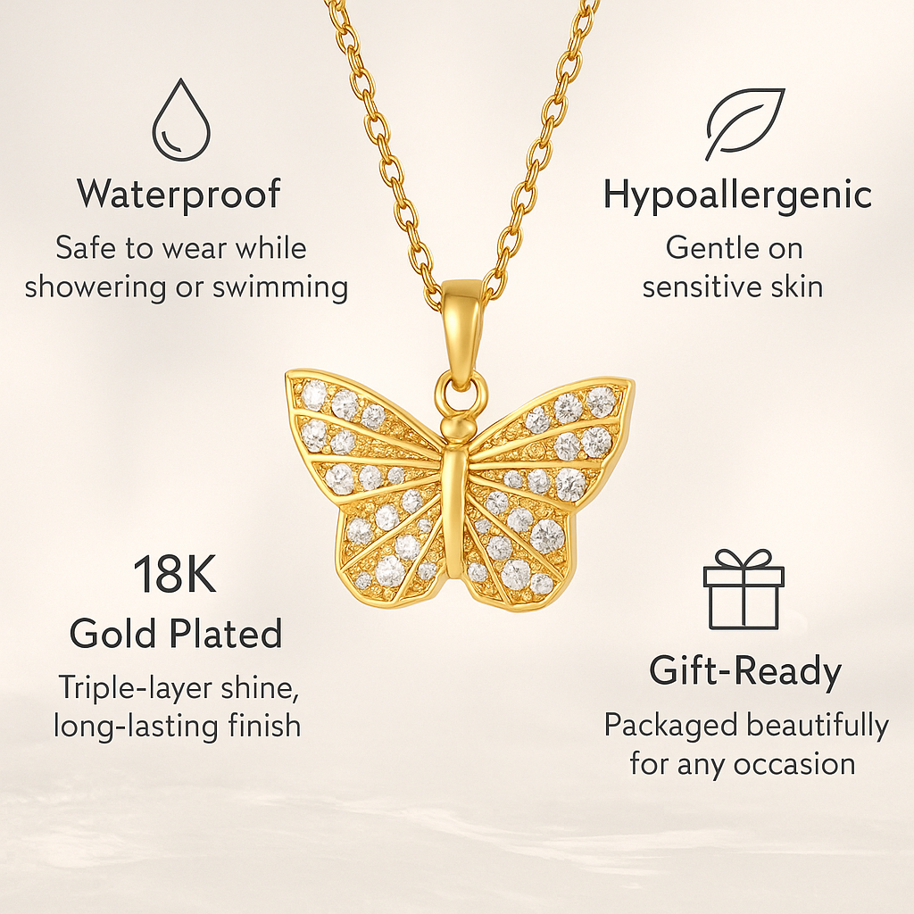 Ora & Eve Butterfly Necklace for Women – 18K Gold Plated Pendant with Crystal Accents – Dainty, Waterproof & Tarnish-Free, Gift Jewelry