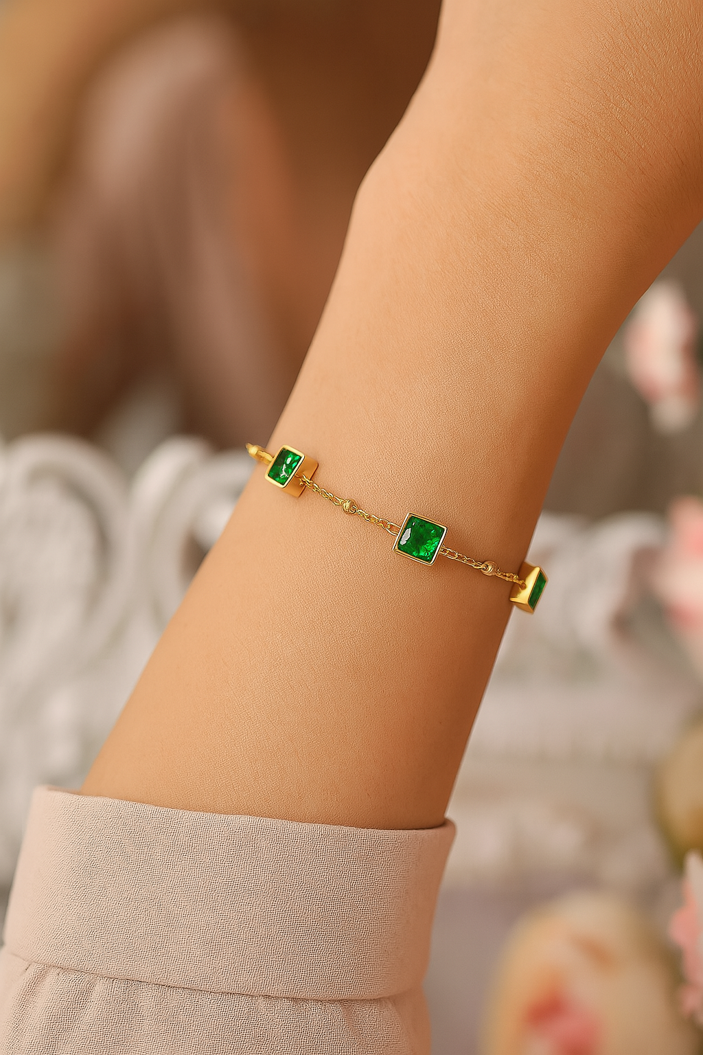 Gold Dainty Bracelet for Women – 18K Gold Plated Chain with Green Gemstones, Adjustable Waterproof Minimalist Jewelry, Elegant Gift for Her