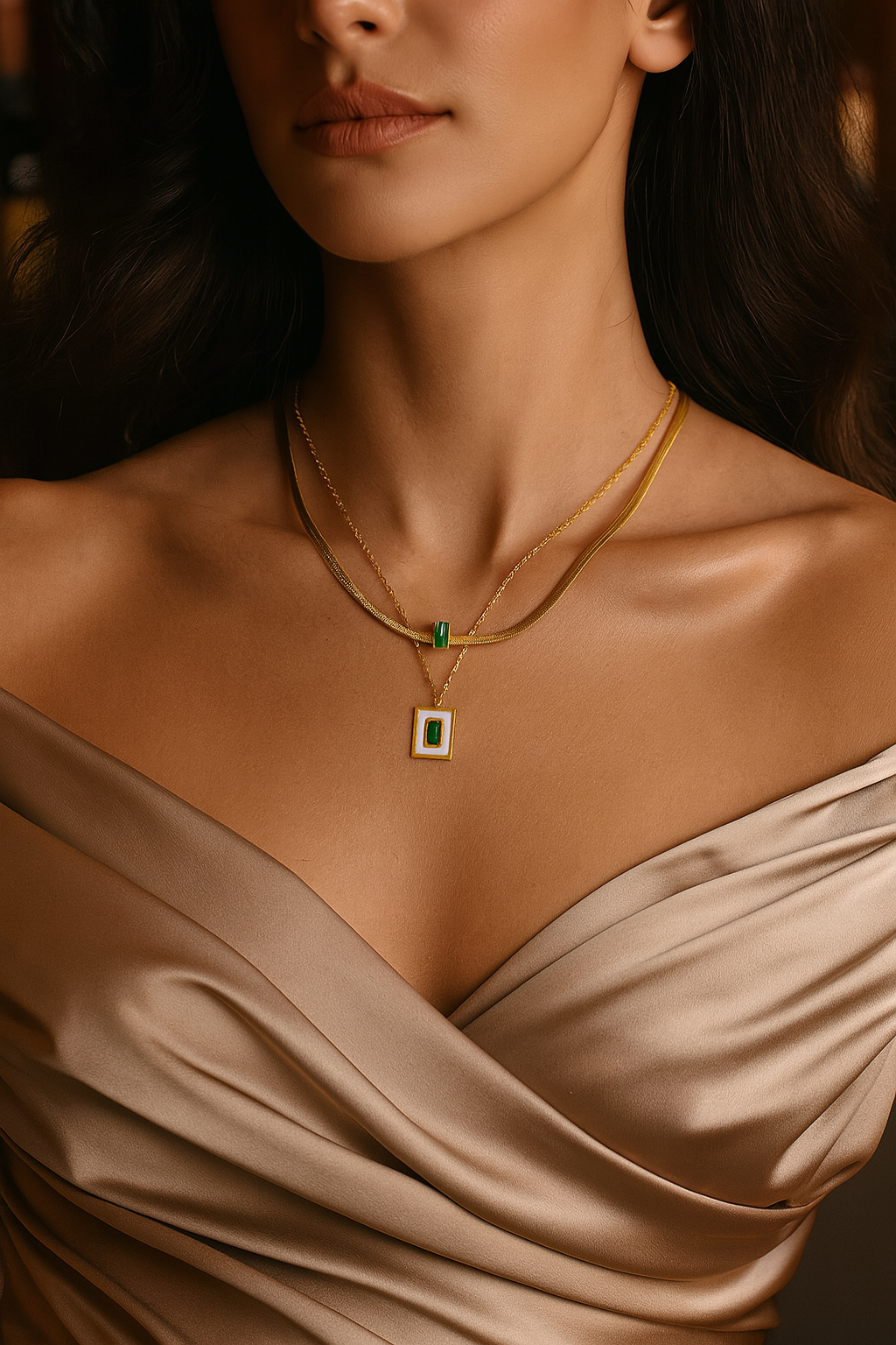 Green Enamel Layered Pendant Necklace – 18K Gold Plated Dual Chain Necklace for Women, Waterproof Statement Jewelry, Trendy Minimalist Necklace Gift