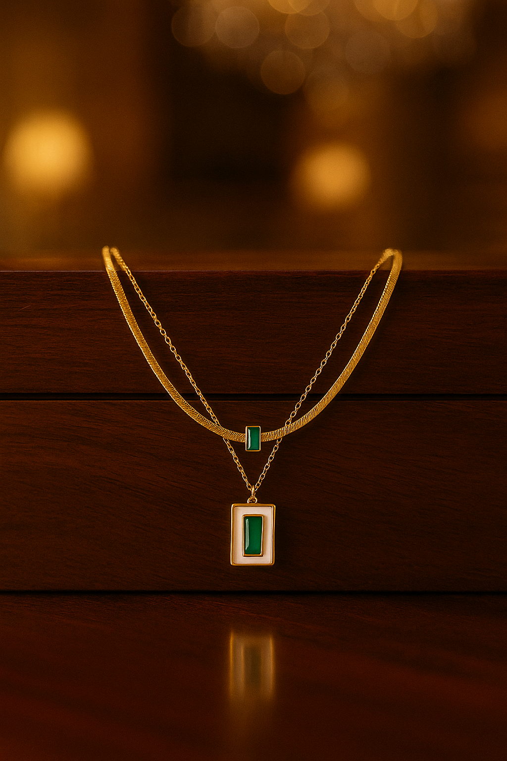 Green Enamel Layered Pendant Necklace – 18K Gold Plated Dual Chain Necklace for Women, Waterproof Statement Jewelry, Trendy Minimalist Necklace Gift