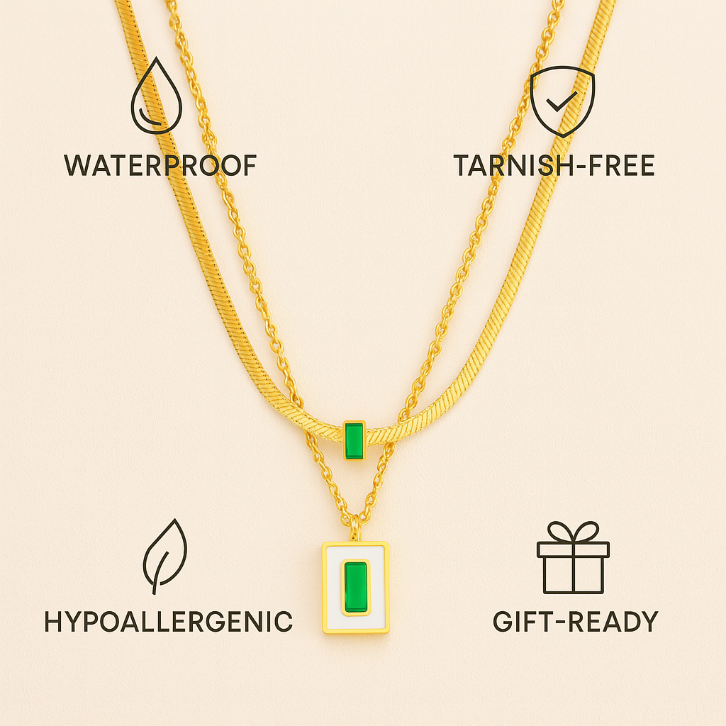 Green Enamel Layered Pendant Necklace – 18K Gold Plated Dual Chain Necklace for Women, Waterproof Statement Jewelry, Trendy Minimalist Necklace Gift