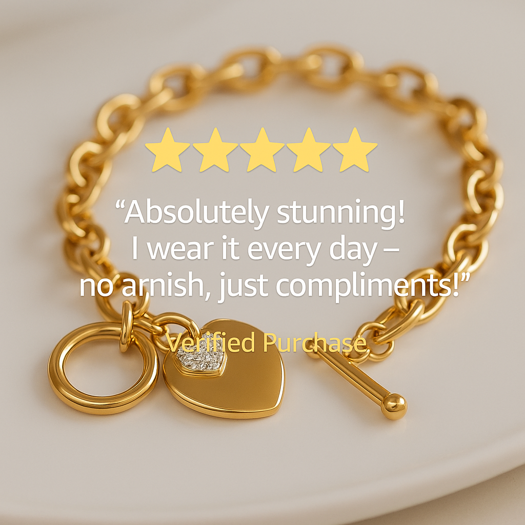Gold Heart Charm Bracelet for Women – 18K Gold Plated Toggle Chain with Crystal Heart Pendant, Waterproof Dainty Jewelry Gift for Her