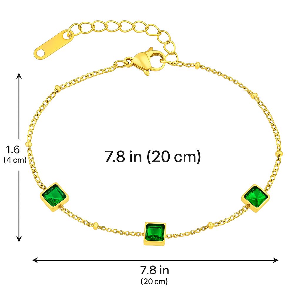 Gold Dainty Bracelet for Women – 18K Gold Plated Chain with Green Gemstones, Adjustable Waterproof Minimalist Jewelry, Elegant Gift for Her