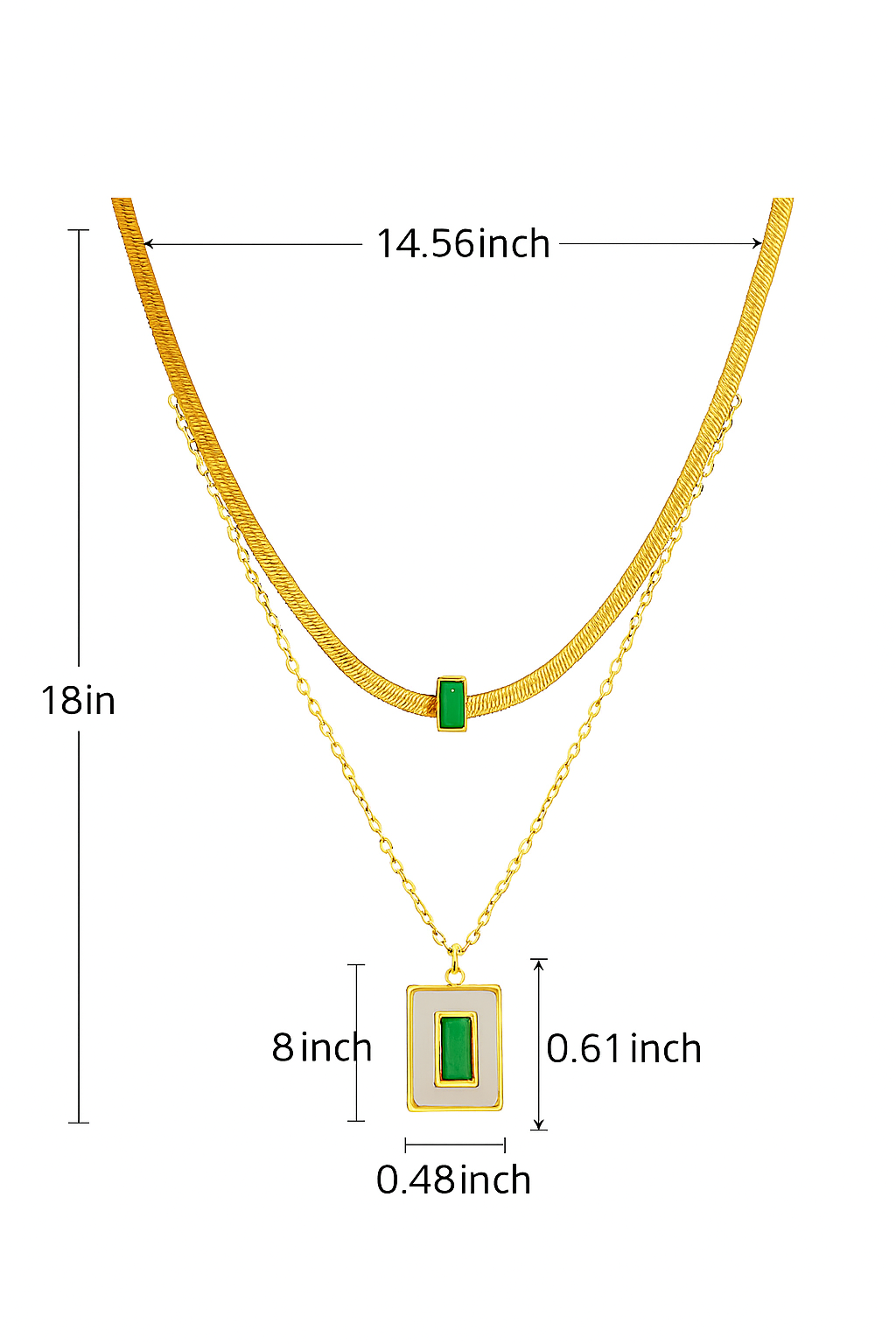 Green Enamel Layered Pendant Necklace – 18K Gold Plated Dual Chain Necklace for Women, Waterproof Statement Jewelry, Trendy Minimalist Necklace Gift