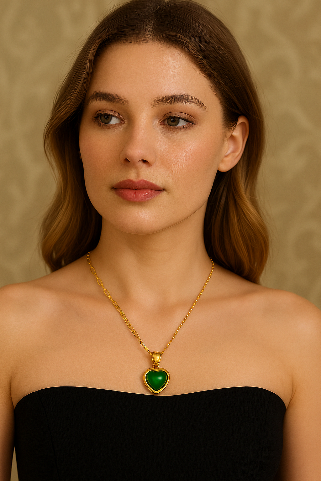 18K Gold Plated Green Heart Pendant Necklace – Unique Dual Chain Design, Bold Vintage-Inspired Statement Jewelry for Women, Waterproof & Hypoallergenic