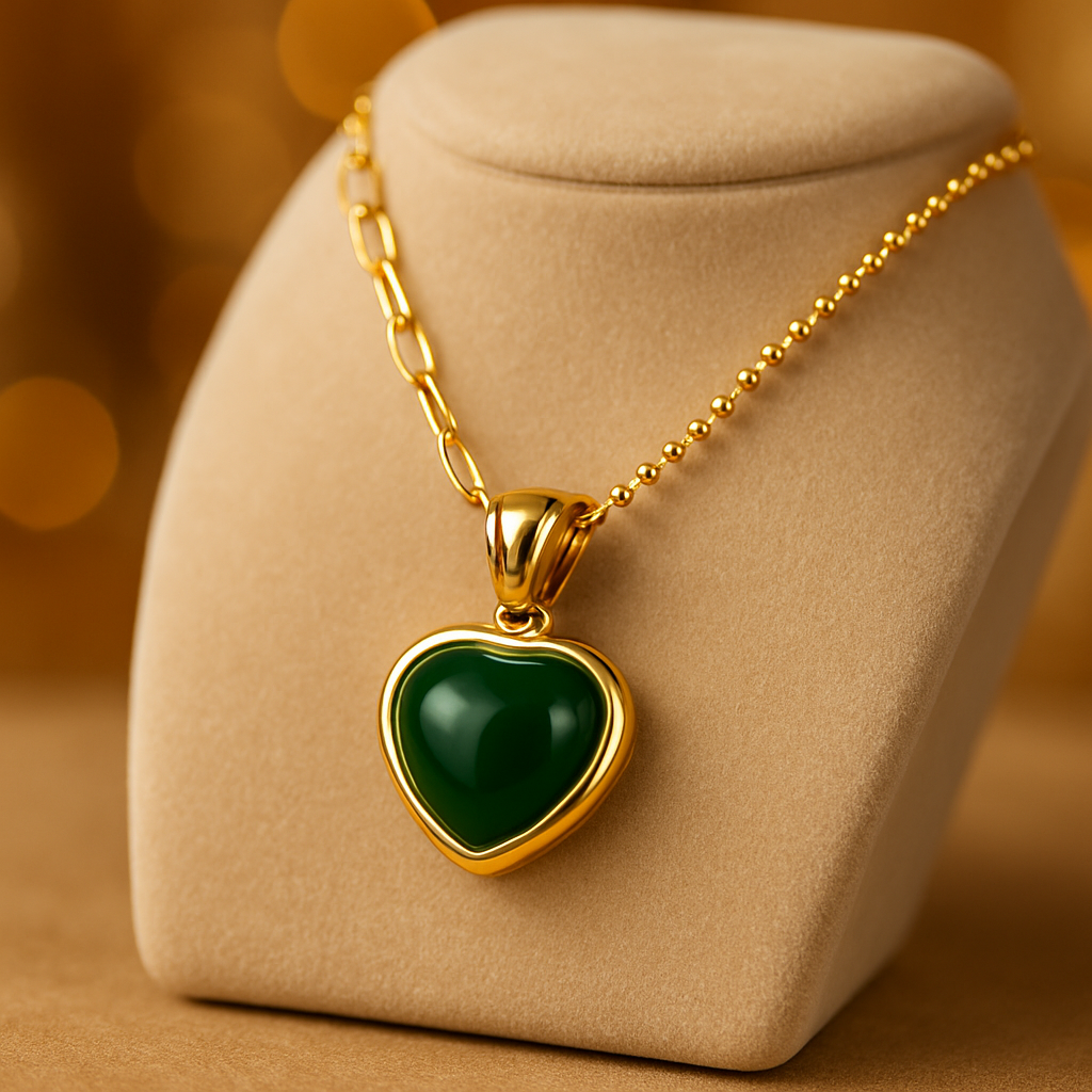 18K Gold Plated Green Heart Pendant Necklace – Unique Dual Chain Design, Bold Vintage-Inspired Statement Jewelry for Women, Waterproof & Hypoallergenic